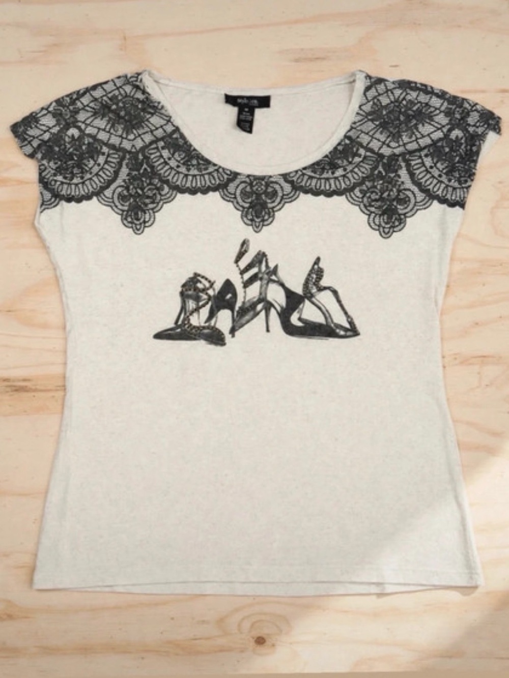 Style & Co White Lace-Trim Graphic Tee with Heels Print - Women